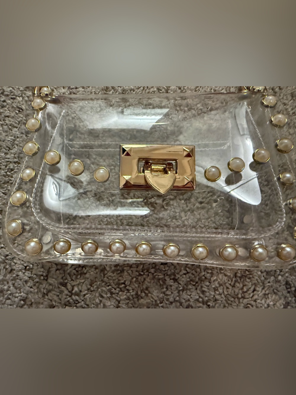 Clear Pearl-Trim PVC Crossbody Bag with Gold Hardware